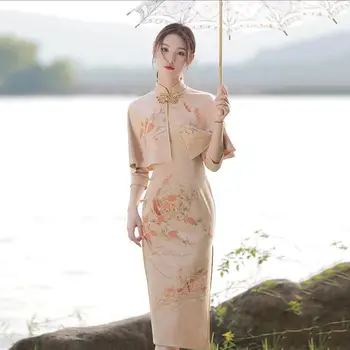 UUS Vintage Velvet Cheongsam Kleit Naiste Traditsioonilised Hiina Riided Sügisel Stiilne Jacquard Pits Qipao Kaela Sexy Aasia Riided