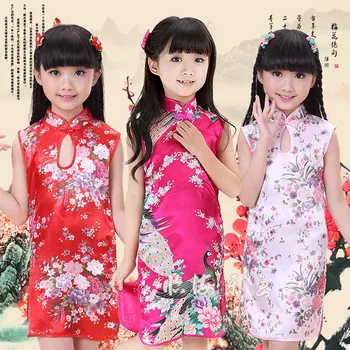 Lapsed Tüdrukud Cheongsams Kleit Hiina Traditsioonilised Kostüümid Vintage Vestido Tang Sobiks Paabulind Satiin Kimono Split Kleidid Tüdrukutele