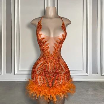 Vaata Kaudu Päitsed Luksuslik Käsitsi Valmistatud Kristallid Ametlik Kord Oranž Sulgedest Mustad Tüdrukud Lühike Tanssiaiset Kleidid 2022 Sünnipäeva